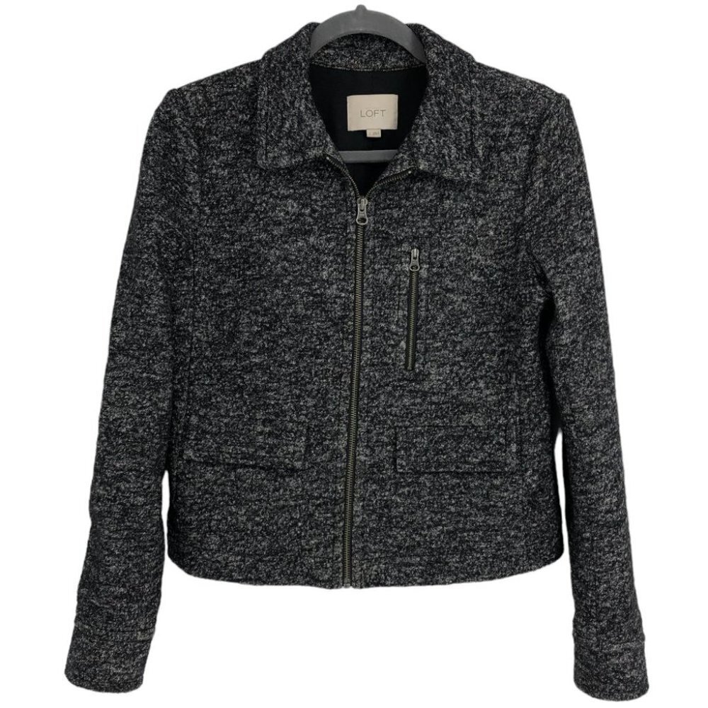 Ann Taylor LOFT Charcoal Marled Full Zip Long Sleeve Wool Blend Cropped Jacket S